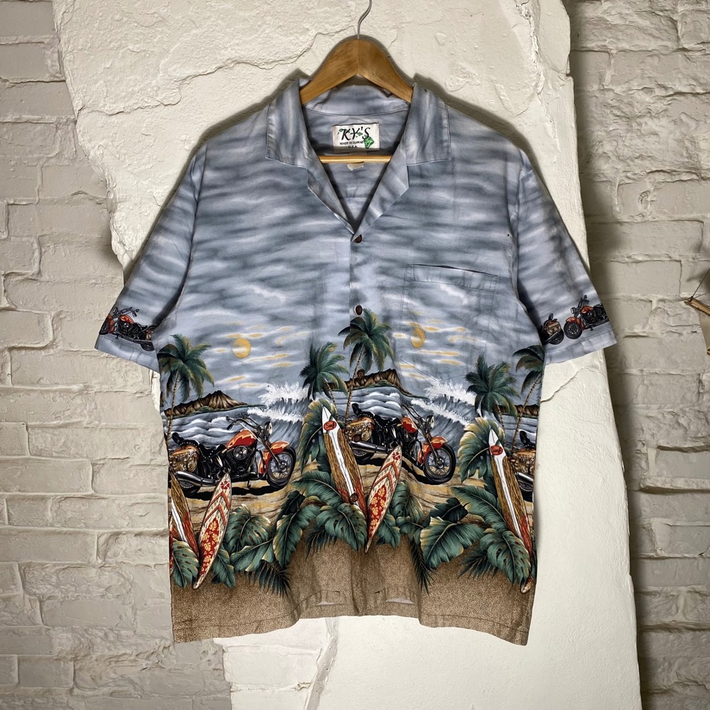 KY'S Hawaiian Shirt‎ Mens Large Vintage Motorcycle Surfboard Beach Print Cotton